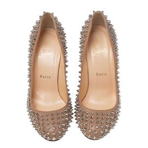 Authentic Christian Louboutin Beige Leather Fifi Spike Round Toe Pump